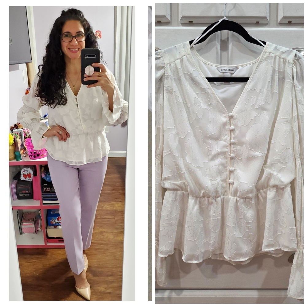 Elizabeth and James Ivory Textured V-Neck Peplum Blouse